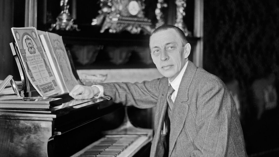 Sergei Rachmaninoff seated at the piano
